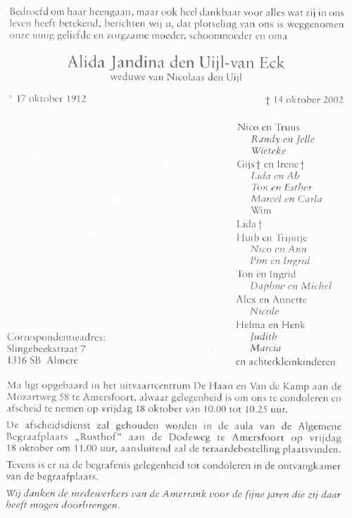 Overlijdensadvertentie Alida van Eck 
(Click on Picture to View Full Size)